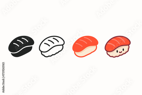Nigiri Sushi Icons. Vector icon nigiri sushi same pose same proportions four styles black solid glyph outline minimal flat multicolor filled cartoon flat