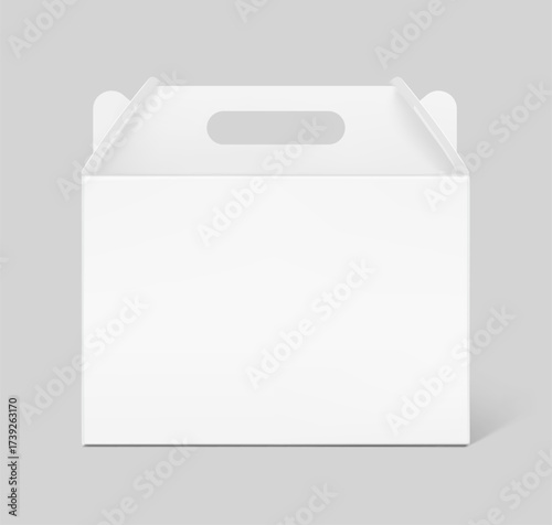 Gable box with handle for transport and sell your product mockup. Vector illustration isolated on grey background. Easy to use for presentation your product, idea, promo, design. EPS10.