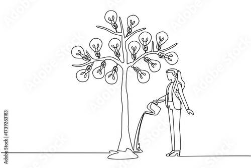 Continuous one line drawing a businesswoman watering big tree bearing many fruits with lightbulb with watering can. Mature thinker. National Creativity Day. Single line draw design vector illustration