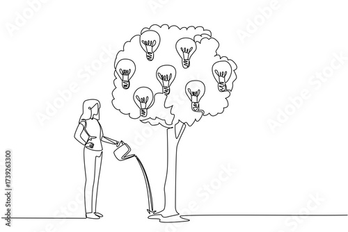 Continuous one line drawing a woman watering a leafy tree that bears light bulbs. Maintain positive thoughts. Fighting pessimism. National Creativity Day. Single line draw design vector illustration