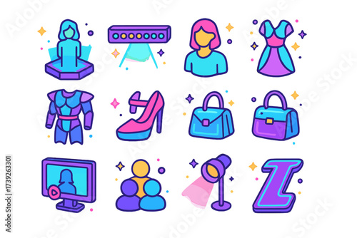 Futuristic Fashion Icons. Digital runway. Colorful isometric vector icons set of digital runway: holographic stage, LED lights, avatar models, futuristic