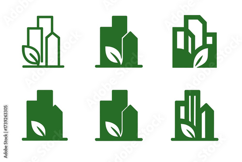 Green City Logos. Urban sustainability strategies. Set Logo of urban sustainability strategies: green city skyline. harmonious logo variations of the same