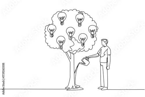Single one line drawing a man watering a leafy tree that bears light bulbs. Taking good care of genius ideas. Investment of mind. National Creativity Day. Continuous line design graphic illustration