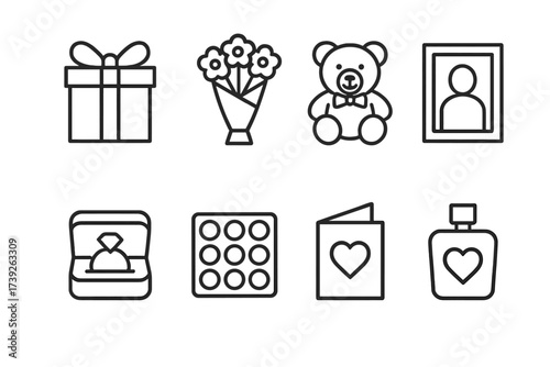 Gift Proposal Icons. Outline icon set of proposal gifts: wrapped box, bouquet, teddy bear, photo frame, jewelry box, chocolates, personalized card, perfume