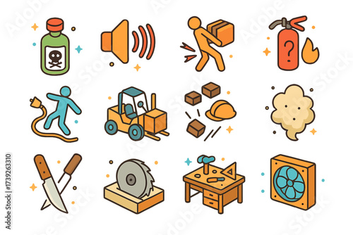 Isometric Workplace Hazards Icons. Workplace hazards. Colorful isometric vector icons set of workplace hazards: toxic chemical bottle, loud noise symbol, heavy