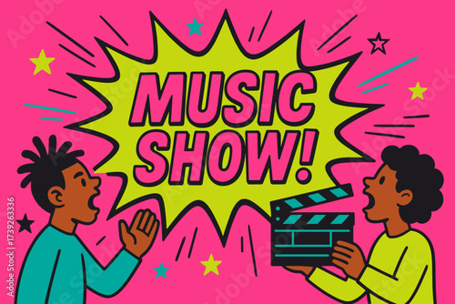 Vibrant Music Show Banner. Music Show banner, flat vector illustration, bold oversized text inside splash explosion, cartoon characters shouting with clapper