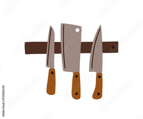 Kitchen knife, chopper, cleaver hanging on magnetic strip, holder. Cooking utensils, sharp tools with metal blades, knives on wall. Steel cutlery. Flat vector illustration isolated on white background