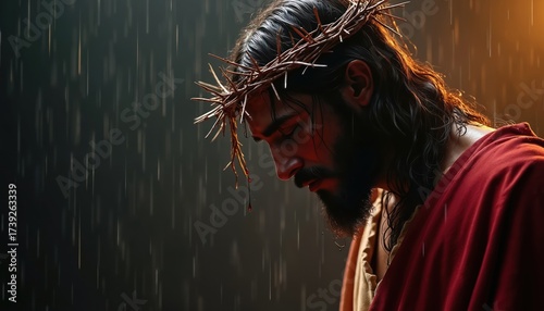 Jesus Christ wears crown of thorns on head in heavy rain. Looks down, solemn face. Blood drops from thorns. Dark background emphasizes suffering. Image evokes biblical themes of sacrifice, devotion,