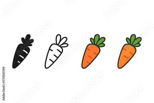 Carrot Icons in Styles. Vector icon carrot same pose same proportions four styles black solid glyph outline minimal flat multicolor filled cartoon flat shaded.
