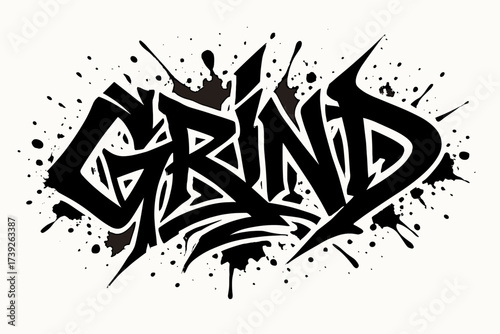 Graffiti Art Splash. Grind, graffiti lettering, edgy wild strokes, surrounded by paint splash, horizontal balanced layout, clean white background, vector look,