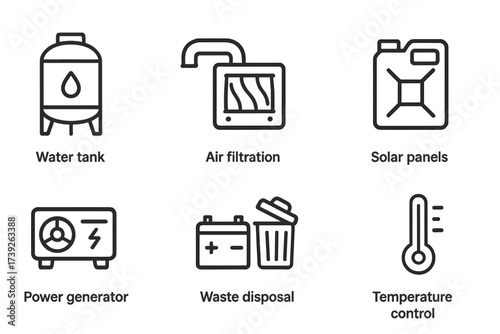 Bunker Utility Icons. Outline icon set of bunker utilities: water tank, air filtration, solar panels, fuel storage, power generator, battery bank, waste