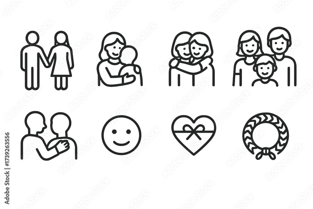 Naklejka premium Tender Icon Set. Outline icon set of tender relationships: couple holding hands, mother and child, best friends hugging, family group, supportive shoulder,