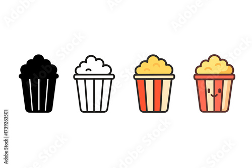Diverse Popcorn Icon Styles. Vector icon popcorn bucket same pose same proportions four styles black solid glyph outline minimal flat multicolor filled cartoon