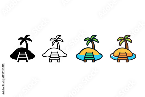 Island Icon Styles. Vector icon island with wooden pier same pose same proportions four styles black solid glyph outline minimal flat multicolor filled cartoon