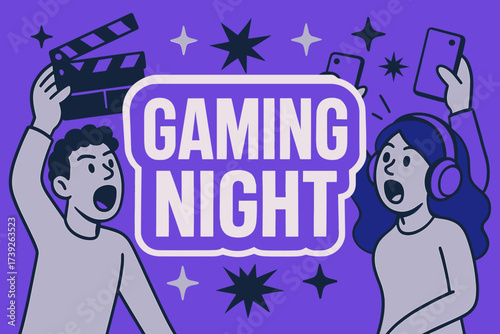 Gaming Night Extravaganza. Gaming Night banner, flat vector illustration, bold oversized text inside sticker outline, cartoon characters shouting with clapper