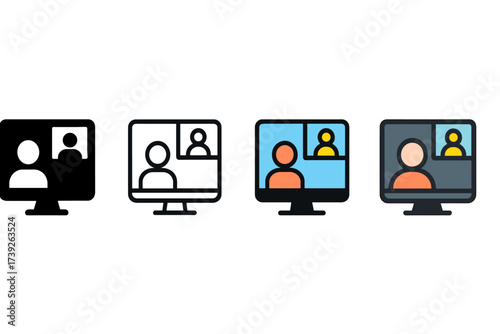 Video Conference Icons. Vector icon video conference screen same pose same proportions four styles black solid glyph outline minimal flat multicolor filled