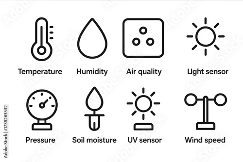 Environmental Sensors Icons. Outline icon set of environmental sensors: temperature sensor, humidity sensor, air quality sensor, light sensor, pressure sensor,
