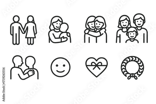 Tender Icon Set. Outline icon set of tender relationships: couple holding hands, mother and child, best friends hugging, family group, supportive shoulder,