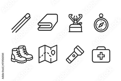 Camping Gear Icons. Outline icon set of camping gear: tent pole, groundsheet, portable stove, compass, hiking boots, map, flashlight, first aid kit. Line icons