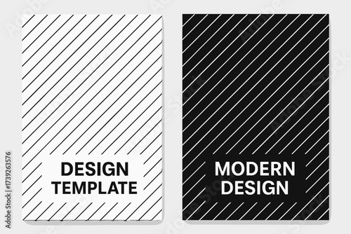 Minimal Stripe Banners. Two vertical A6 banners, flat vector design, black and white backgrounds, minimal diagonal stripes pattern, first banner with text