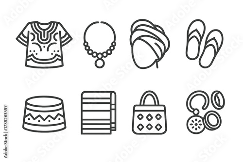 Cameroonian Clothing Icons. Outline icon set of Cameroonian clothing: Toghu robe, Beaded necklace, Headwrap, Leather sandals, Traditional hat, Wrapper cloth,