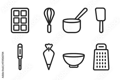 Chocolate Utensil Icons. Outline icon set of chocolate utensils: chocolate mold, whisk, saucepan, spatula, thermometer, piping bag, mixing bowl, grater. Line