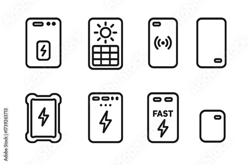 Power Bank Icons. Outline icon set of power bank types: portable power bank, solar power bank, wireless charging power bank, slim power bank, rugged power