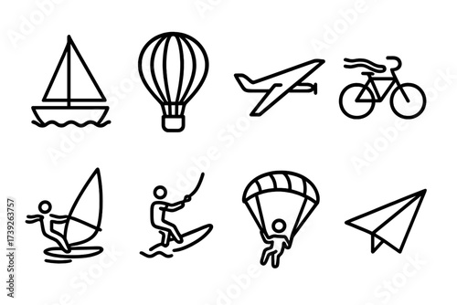 Breeze and Emotions Icons. Outline icon set of gentle breeze transportation: sailboat, hot air balloon, glider plane, bicycle with scarf, windsurf board, kite