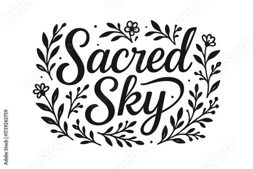 Sacred Sky Calligraphy. Sacred Sky, modern hand lettering, smooth curves, balanced composition, clear readable letters, consistent style, surrounded by