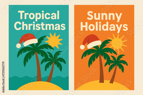 Tropical Christmas Banners. Two vertical A6 banners, flat vector design, turquoise and orange backgrounds, tropical christmas with palm trees and santa hat,