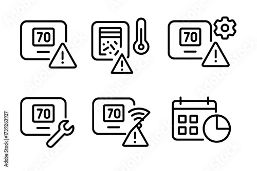 Thermostat Alert Icons. Outline icon set of thermostat alerts and notifications: low battery alert, filter change reminder, temperature warning, system error,