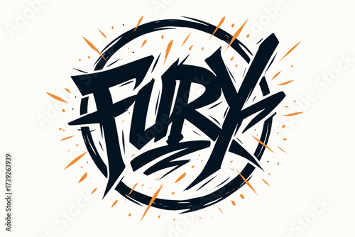 Graffiti Fury Sparks. Fury, graffiti style, edgy dynamic strokes, surrounded by sparks, circular frame composition, clean white background, vector look, high
