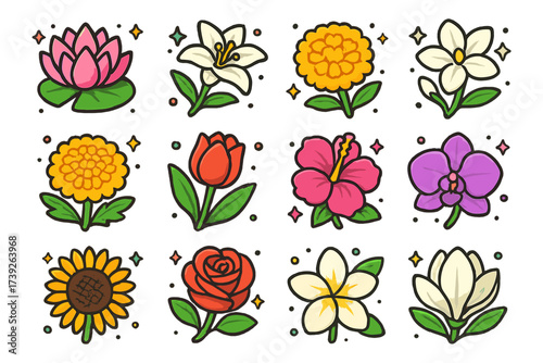 Sacred Flower Icons. Sacred flowers. Colorful isometric vector icons set of sacred flowers: lotus, white lily, marigold, jasmine, chrysanthemum, tulip,