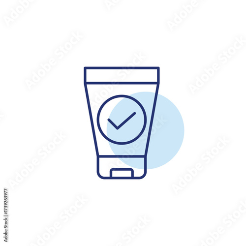 Cosmetics tube and checkmark. Approved skincare quality. Pixel perfect, editable stroke vector icon