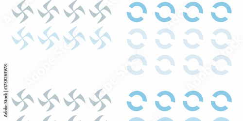Abstract pattern of rotating pinwheel shapes and circular arrows in shades of blue and grey