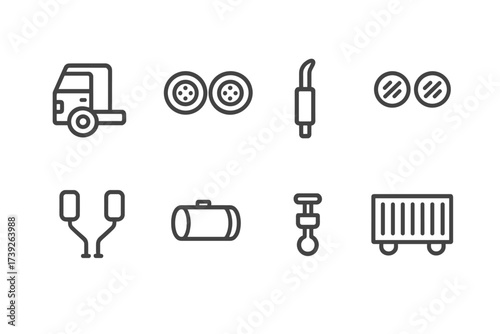 Truck Parts Icons. Outline icon set of truck components: cab, wheels, exhaust pipe, headlights, rearview mirrors, fuel tank, trailer hitch, cargo container.