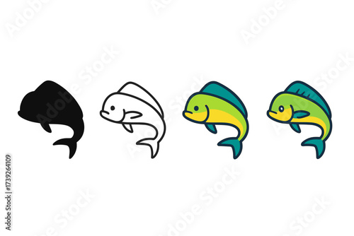Mahi Mahi Icon Styles. Vector icon mahi mahi dolphin fish same pose same proportions four styles black solid glyph outline minimal flat multicolor filled