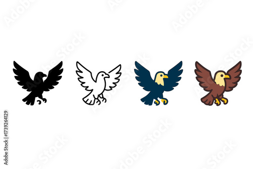 Eagle Icon Styles. Vector icon eagle flying same pose same proportions four styles black solid glyph outline minimal flat multicolor filled cartoon flat