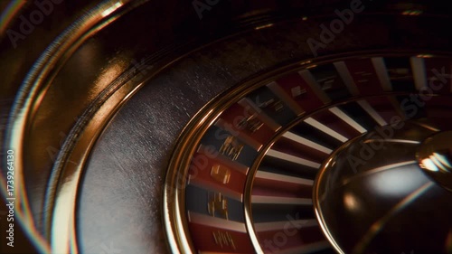 Closeup 3D render of a roulette wheel with ball stopping on zero, symbolizing casino gambling, chance, luck, and risk in games of chance, business and investment.
