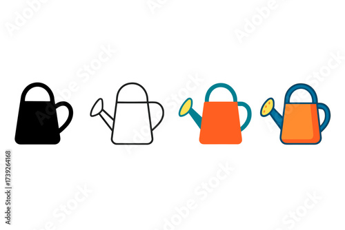 Dynamic Watering Can Styles. Vector icon watering can same pose same proportions four styles black solid glyph outline minimal flat multicolor filled cartoon