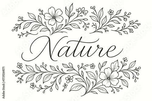 Nature Calligraphy Elegance. Nature Calm, thin line calligraphy, organic feel, surrounded by floral ornaments, horizontal balanced layout, clean