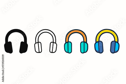 Headphone Vector Styles. Vector icon headphones over ear same pose same proportions four styles black solid glyph outline minimal flat multicolor filled