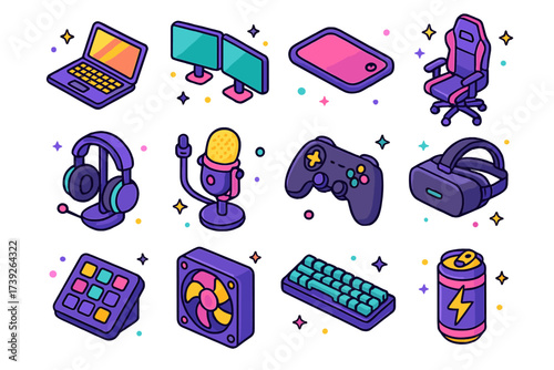 Pro Gamer Gear Icons. Pro gamer gear. Colorful isometric vector icons set of pro gamer gear: gaming laptop, dual monitors, mousepad, gaming chair, headset
