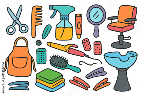 Beauty Salon Doodles. Beauty Salon. Colorful Hand-drawn doodle Children illustration scissors, comb, spray bottle, mirror, chair, shampoo bowl, hair dye tube,