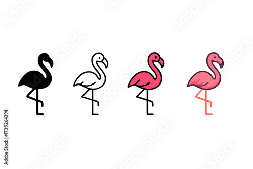Flamingo Icon Styles. Vector icon flamingo standing same pose same proportions four styles black solid glyph outline minimal flat multicolor filled cartoon