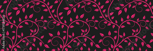 "Seamless floral pattern with pink leaves and vines on black background. Elegant decorative botanical texture design for fabric, wallpaper, wrapping, fashion, and digital art projects."