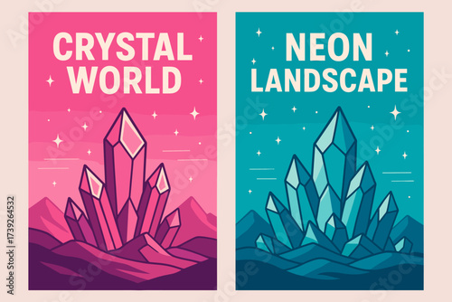 Crystal and Neon Banners. Two vertical A6 banners, flat vector design, neon pink and cyan backgrounds, futuristic landscape with crystal mountains, sci fi
