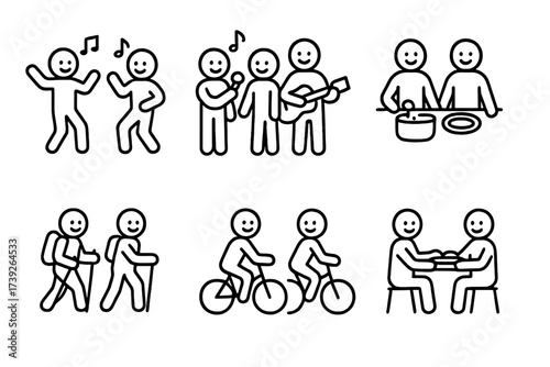 Icons_ Activities & Breeze. Outline icon set of shared smile activities: dancing, singing, playing guitar, cooking together, hiking, biking, playing games,