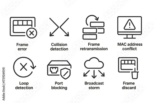 Data Link Icons. Outline icon set of data link troubleshooting: frame error, collision detection, frame retransmission, MAC address conflict, loop detection,