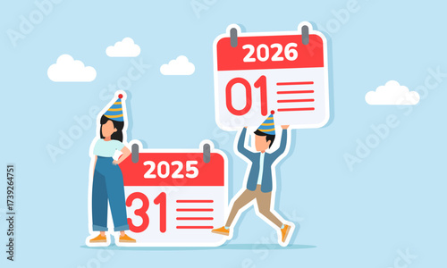 man wearing a party hat lifting a 2026 calendar to bring to a woman with a party hat standing near a 2025 calendar illustration of a new year celebration concept